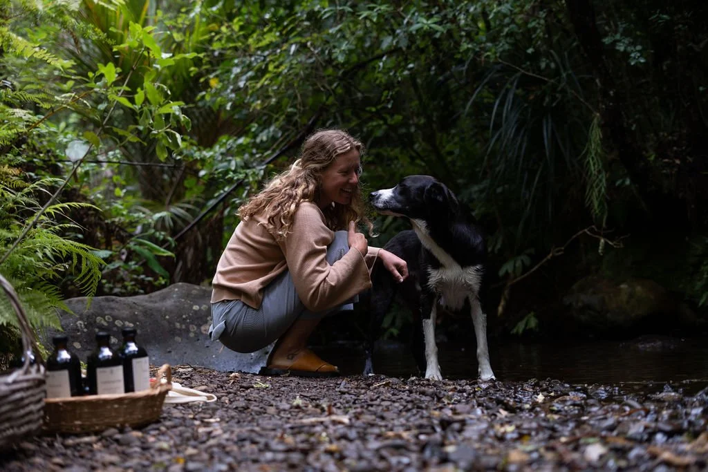 A woman and a black and white dog on a rocky forest ground, surrounded by green foliage, as they share a moment of affection.