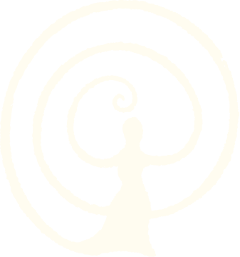 A white spiral design with a stylized figure at the center on a black background.