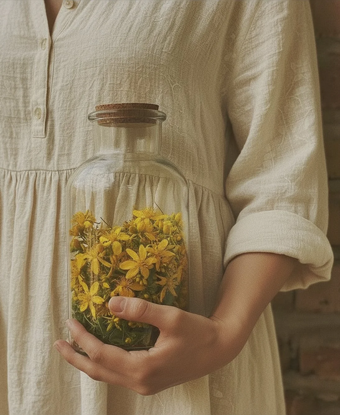 Person in cream-colored dress holding a glass jar with yellow flowers inside.