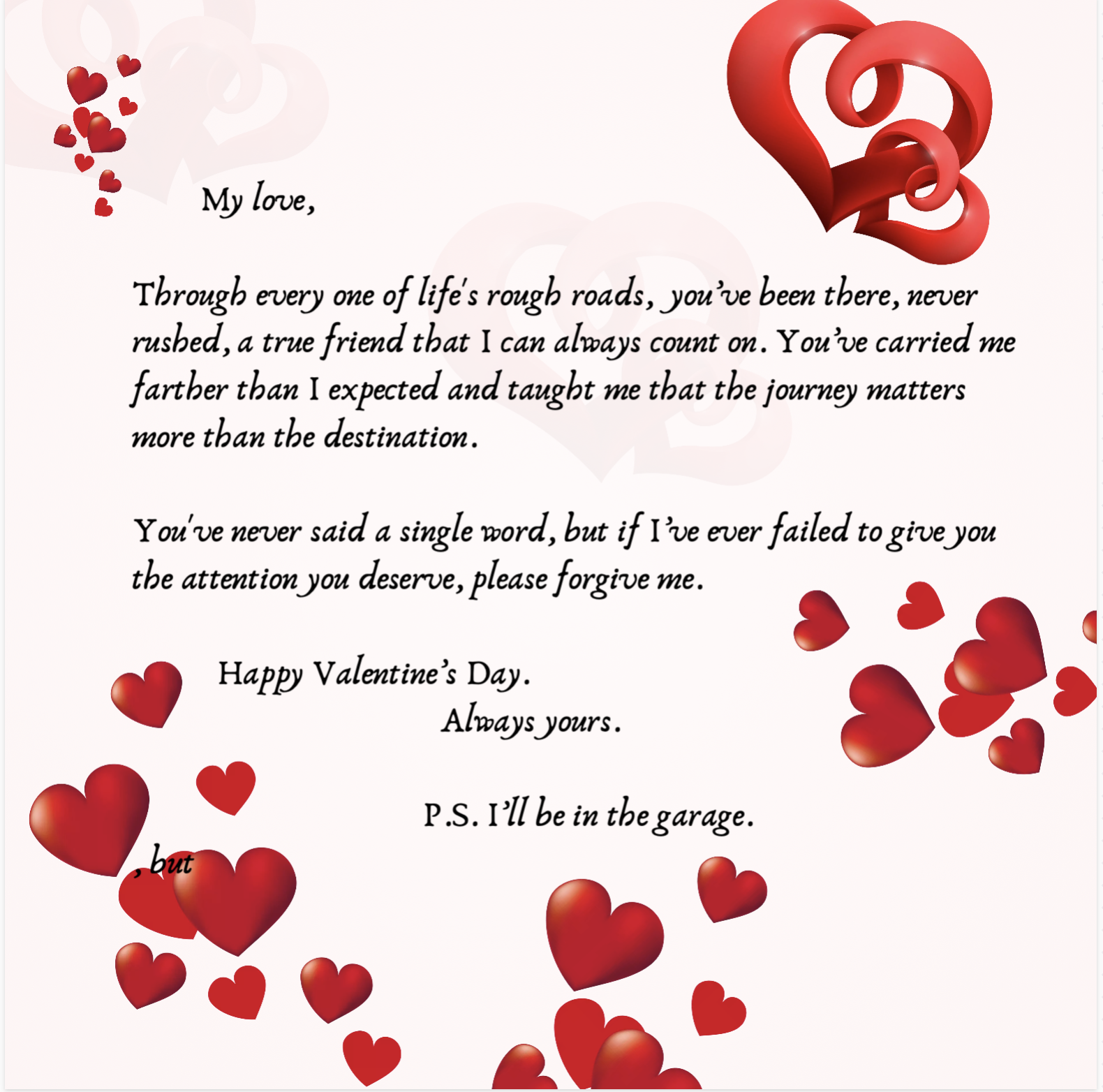 Valentine's Day card with red hearts and a 3D red ribbon heart, featuring a heartfelt message of love and apology.