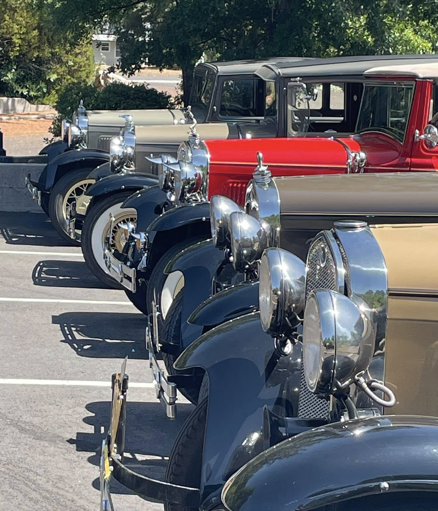 A lineup of vintage cars parked side by side in a parking lot under trees.