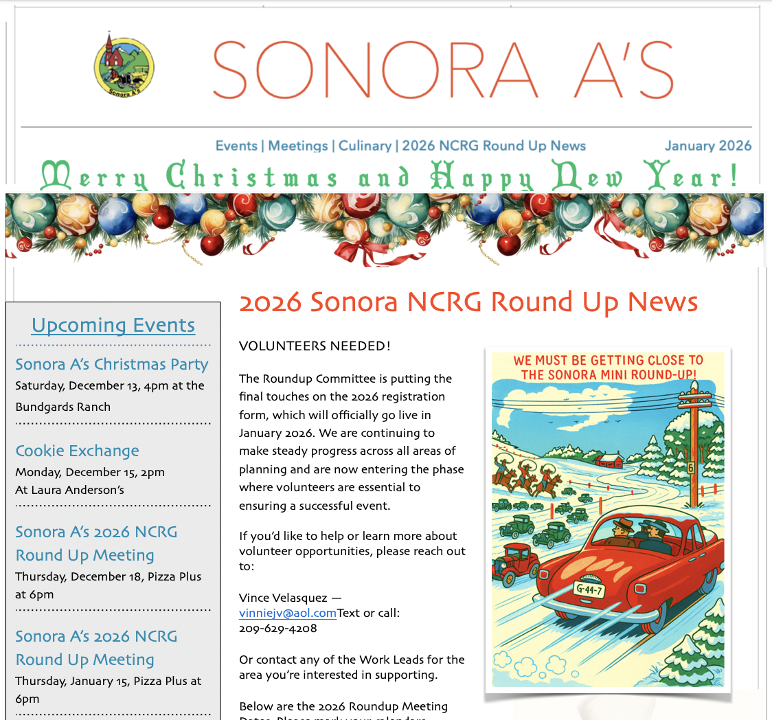 Newsletter header for Sonora A's, December 2025, with holiday greeting, festive decorations, and upcoming event details.