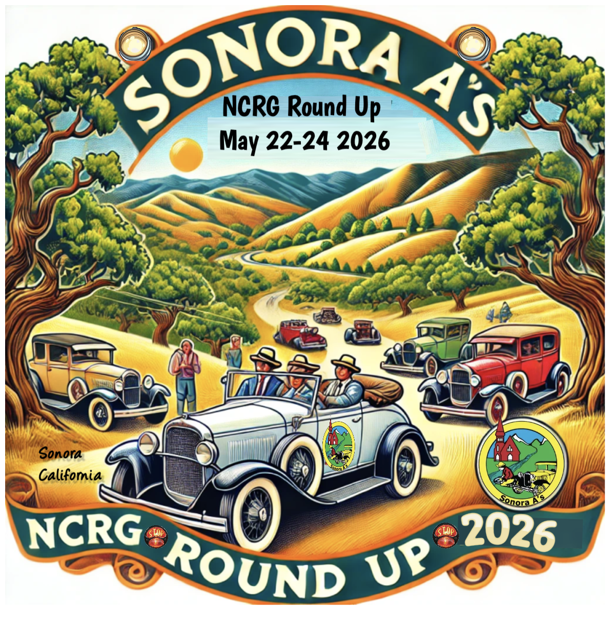 Colorful illustration of vintage cars on a winding road through a scenic landscape with rolling hills and trees, promoting the Sonora A's NCRG Round Up event taking place from May 22 to 24, 2026, in Sonora, California.