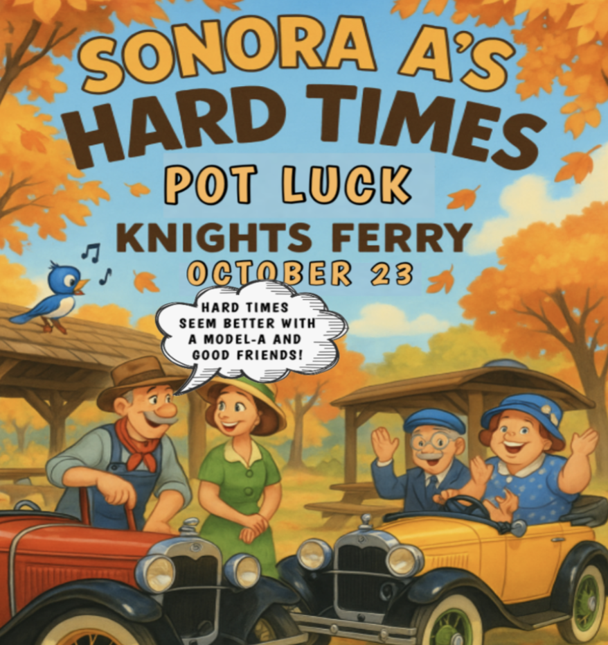 Colorful autumn scene with children and a bird at a park, celebrating Sonora A's Hard Times Pot Luck event on October 23, with vintage cars and fall foliage in the background.