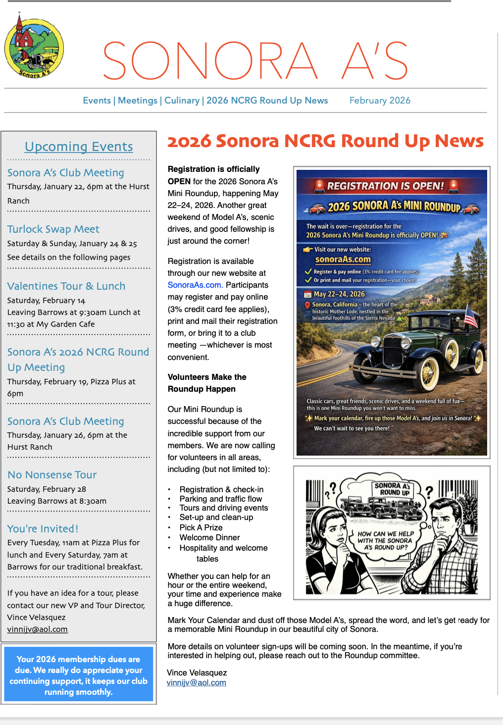 Event flyer for the 2026 Sonora A's Mini Roundup, featuring a vintage car on a scenic road, with event details including dates, location, and website, and illustrations of classic cars and a cartoon character.