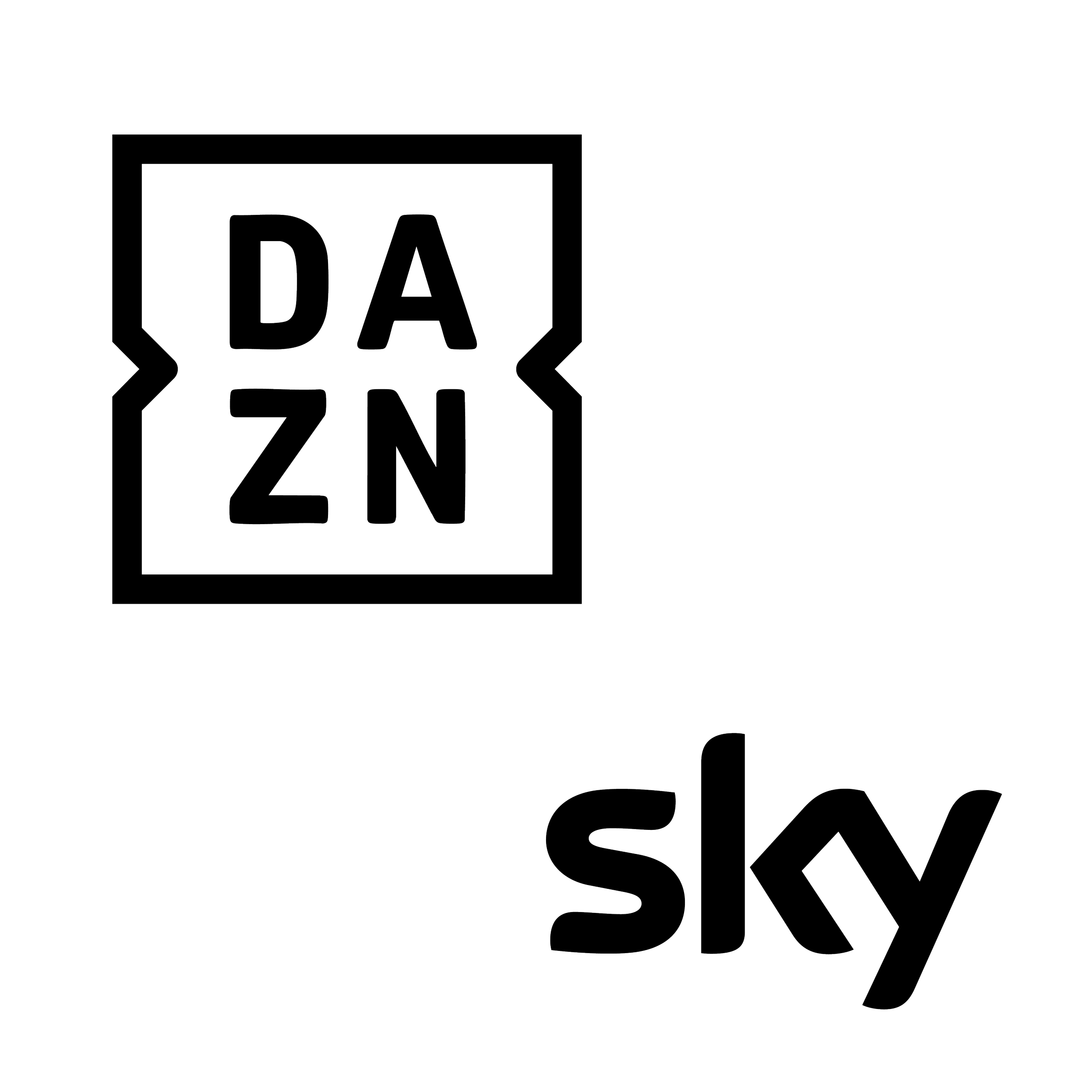 Linienzeichnung eines Logos von DAZN mit einem Kasten und dem Wort "sky" daneben.