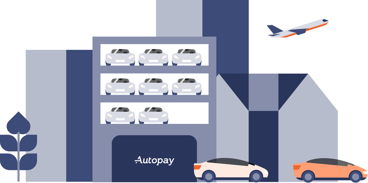 An illustration of a multi-story parking garage with white cars, an airplane flying in the sky, and the word "Autopay" on the garage entrance.