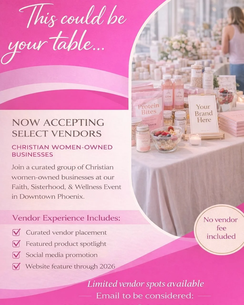 A few vendor spots are still open for our Faith, Sisterhood &amp; Wellness Event ✨

We&rsquo;re curating a beautiful group of Christian women-owned businesses in the areas of wellness, skincare, nourishing living, &amp; more. 

If your brand aligns, 