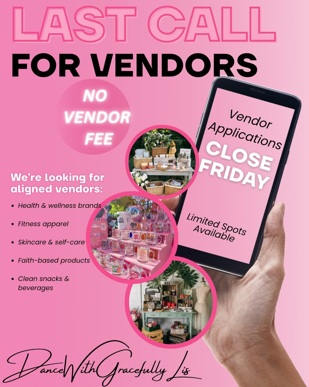 FINAL CALL 🪩🩰✨

Applications close this Friday.

Looking for a few aligned vendors in
wellness, fitness, skincare, faith-based brands + clean eats ✨

If that&rsquo;s you&mdash;don&rsquo;t wait. 

DM me or comment for the vendor application.✨