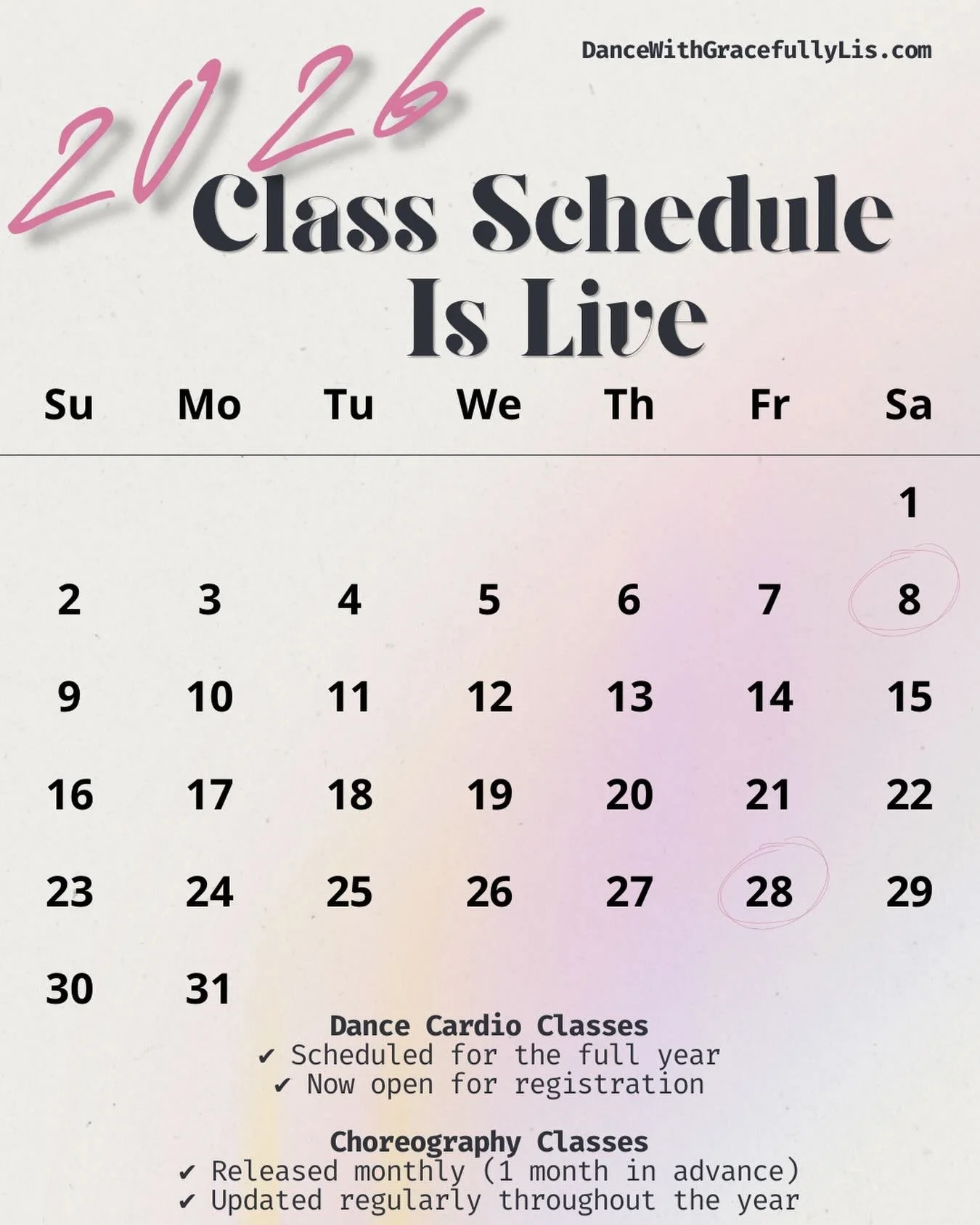 The 2026 class schedule is now live.

Dance cardio classes are scheduled for the entire year so you can stay committed, consistent, and aligned with your movement goals.

Choreography classes will be released monthly, with schedules shared one month 