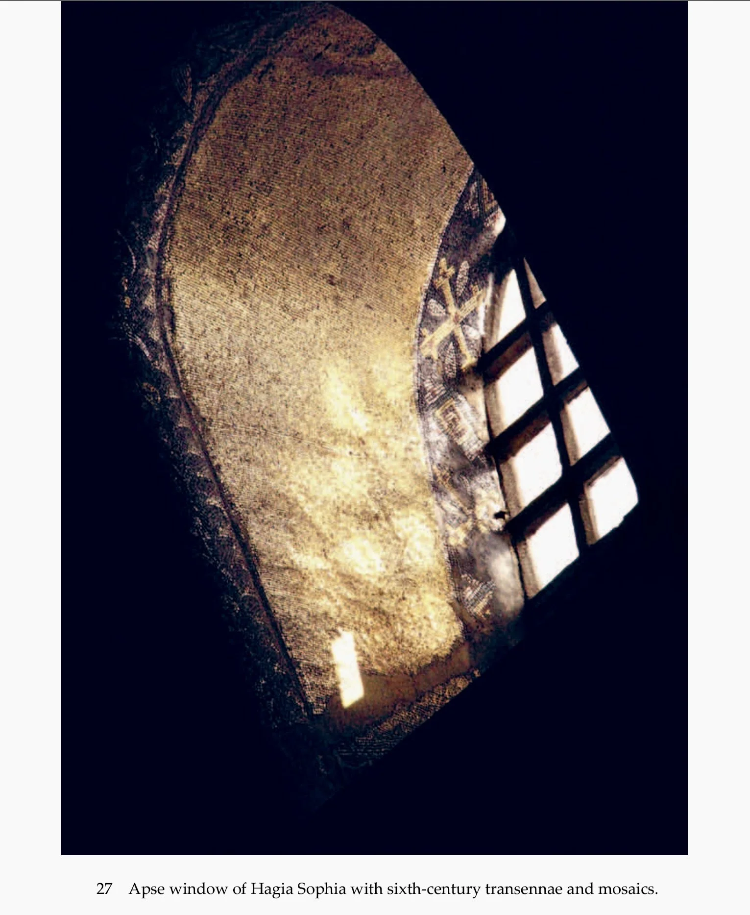 One of the Hagia Sophia apse windows with a mosaic and golden transennae.