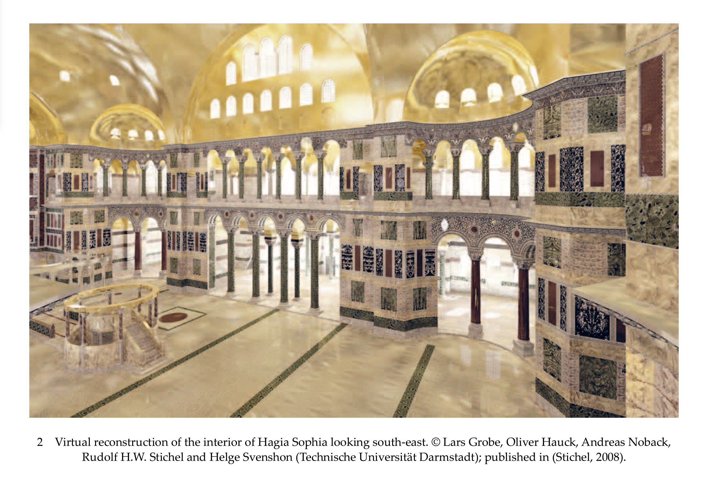 Virtual reconstruction of the interior of Hagia Sophia looking south-east, showing ornate arches, columns, golden domes, and marble floors.