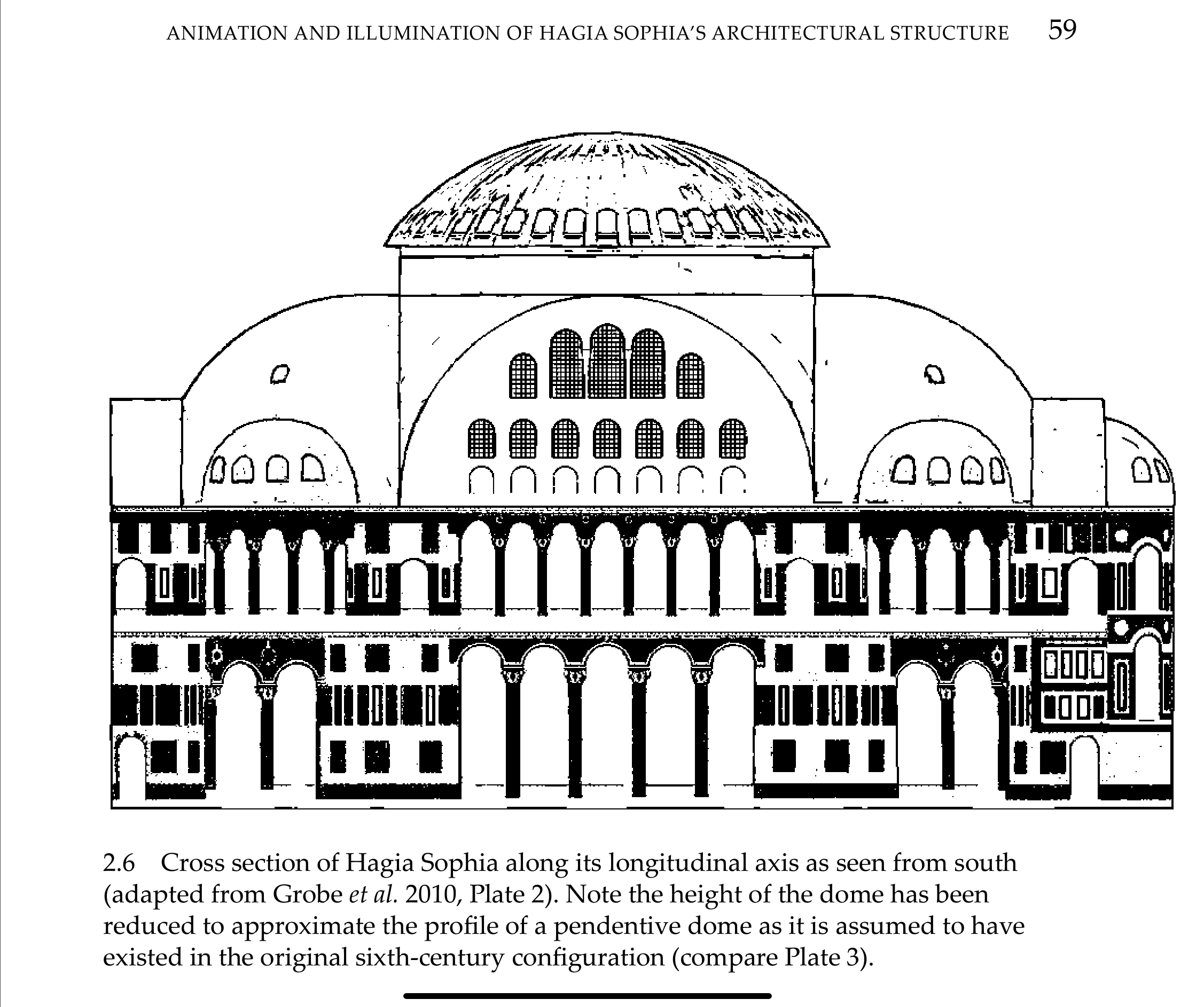 Line drawing of the Hagia Sophia's architectural section with multiple domes and arches, illustrating its structure from the south side.