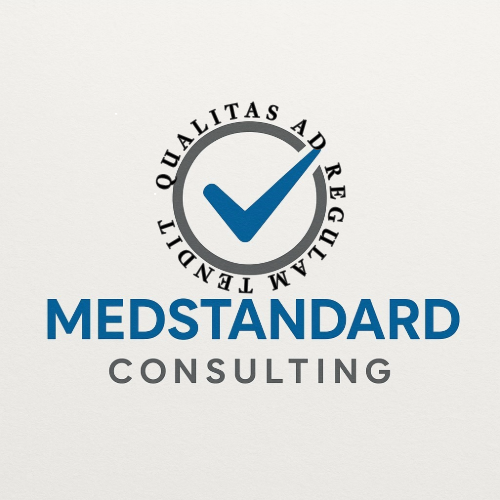 Medstandard Consulting logo featuring a checkmark inside a circle with Latin text, and the company name in bold blue and black letters.