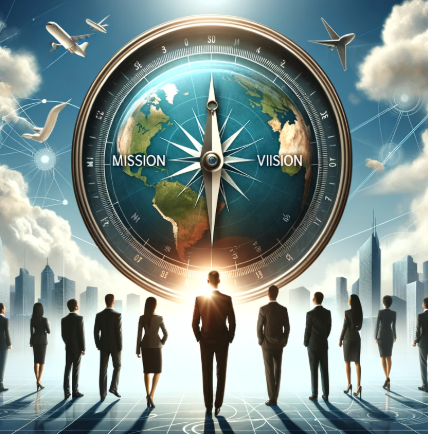 Businesspeople standing in front of a large compass with the words 'Mission' and 'Vision' at the top, cityscape in the background, planes flying, and a globe at the center.