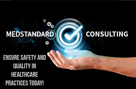 A hand reaching towards a glowing checkmark icon, with text promoting MedStandard Consulting to ensure safety and quality in healthcare practices.