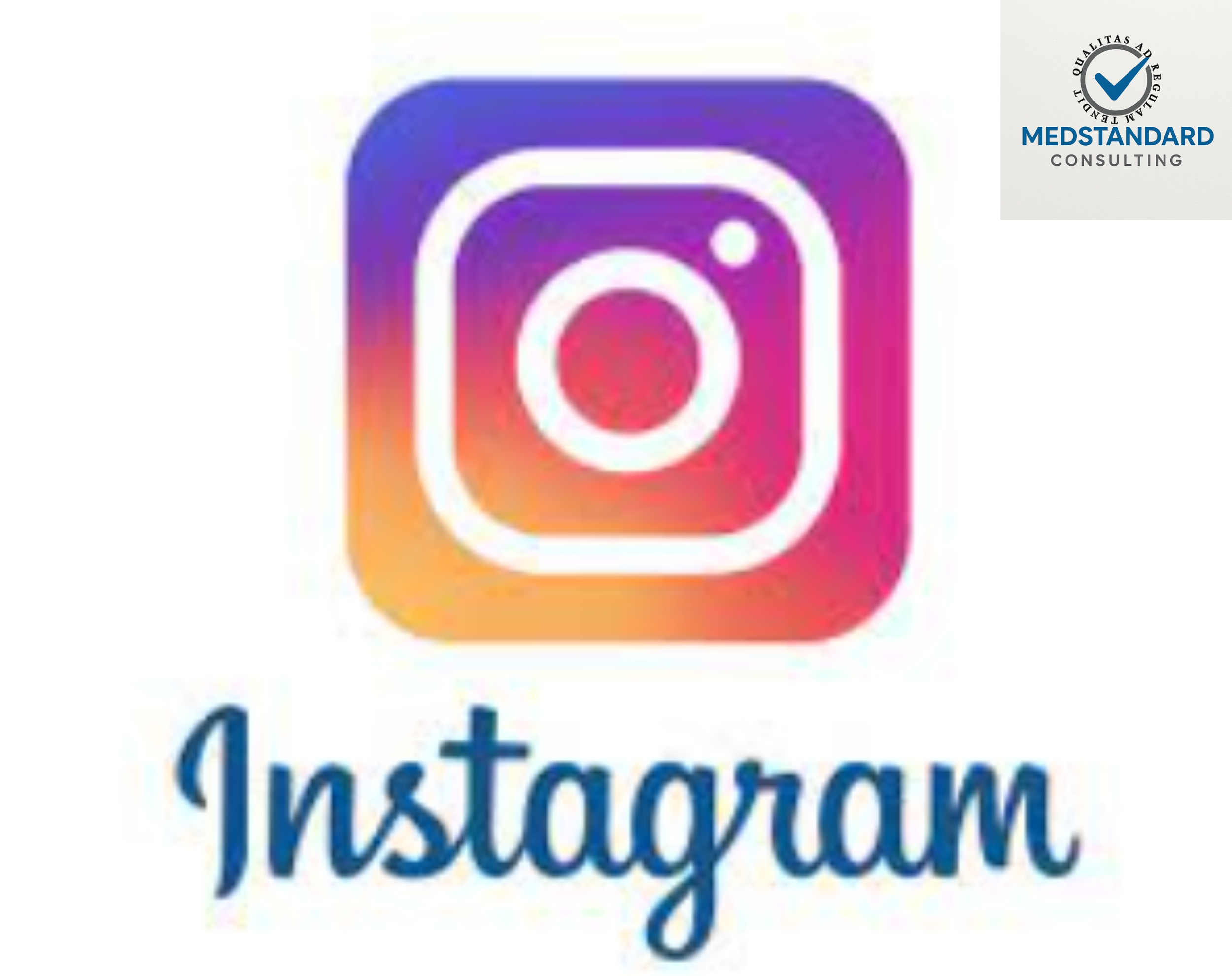 Instagram logo with colorful gradient background and the word 'Instagram' below in blue cursive font, with a small logo of Medstandard Consulting in the top right corner.
