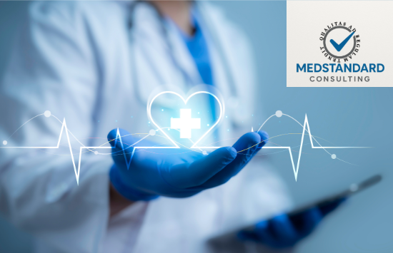 A medical professional in blue gloves holding a glowing heart with a cross inside, representing healthcare or medical services, with an electrocardiogram line in the background and a MedStandard Consulting logo in the top right corner.