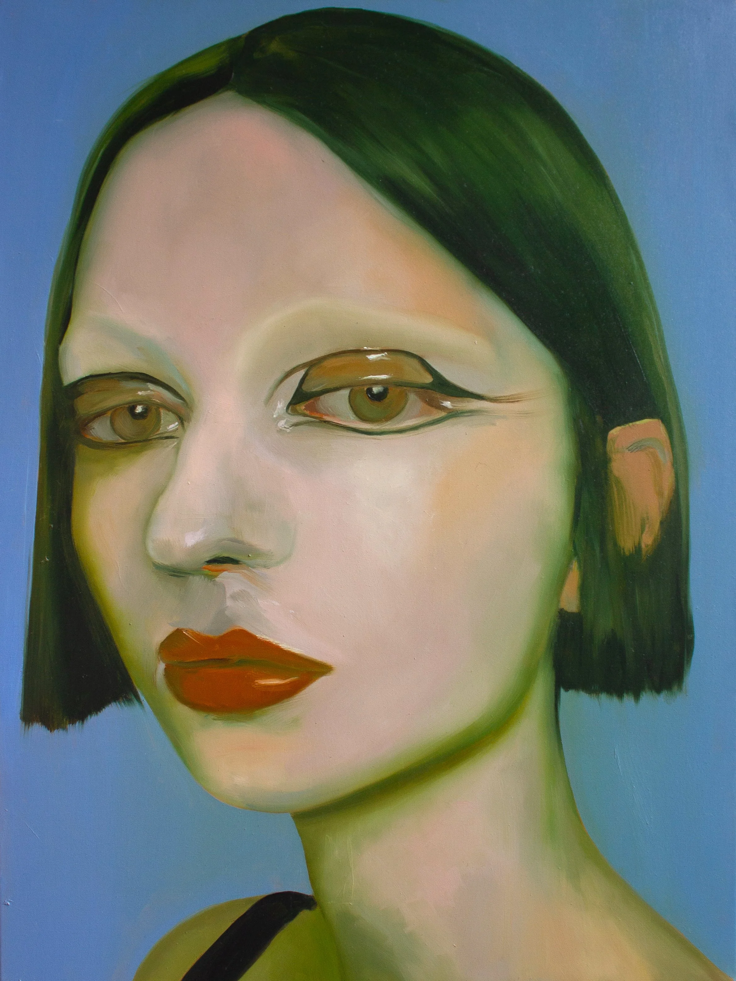 Surreal portrait of a woman with green hair, greenish skin, and brown eyes against a blue background.