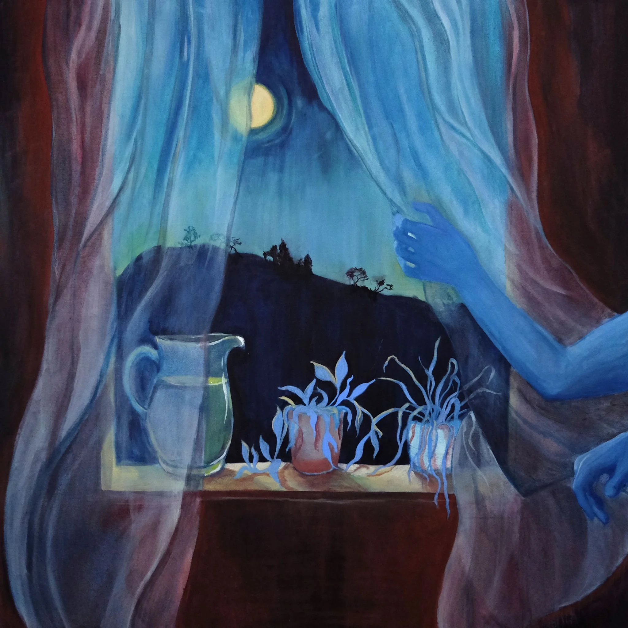 A surreal painting of a woman with blue skin peering out a window, a moonlit night outside with trees on a hill, and a table with potted plants and a pitcher inside.