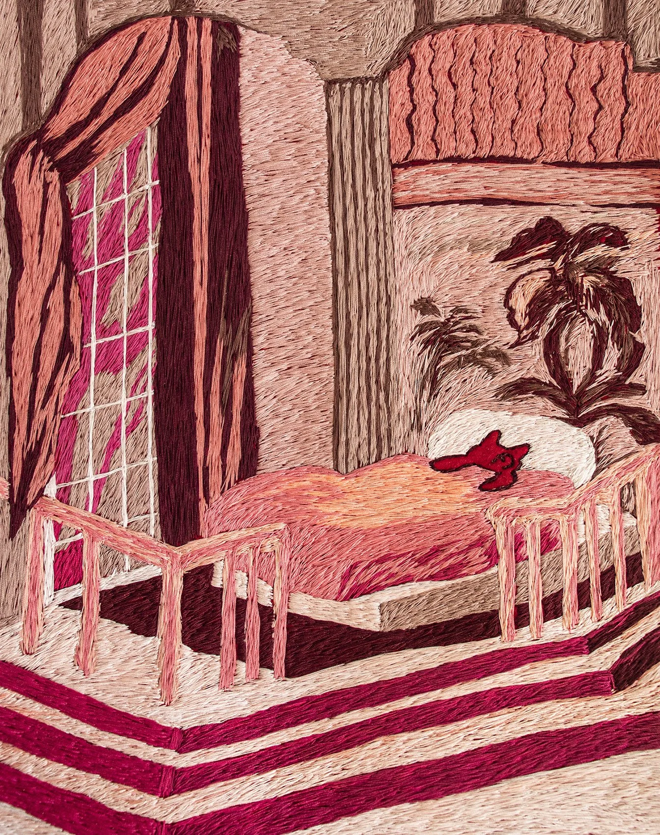 A picture of a bedroom with pink and beige tones, featuring a bed with a headboard, a small table with a plant, and patterned curtains.