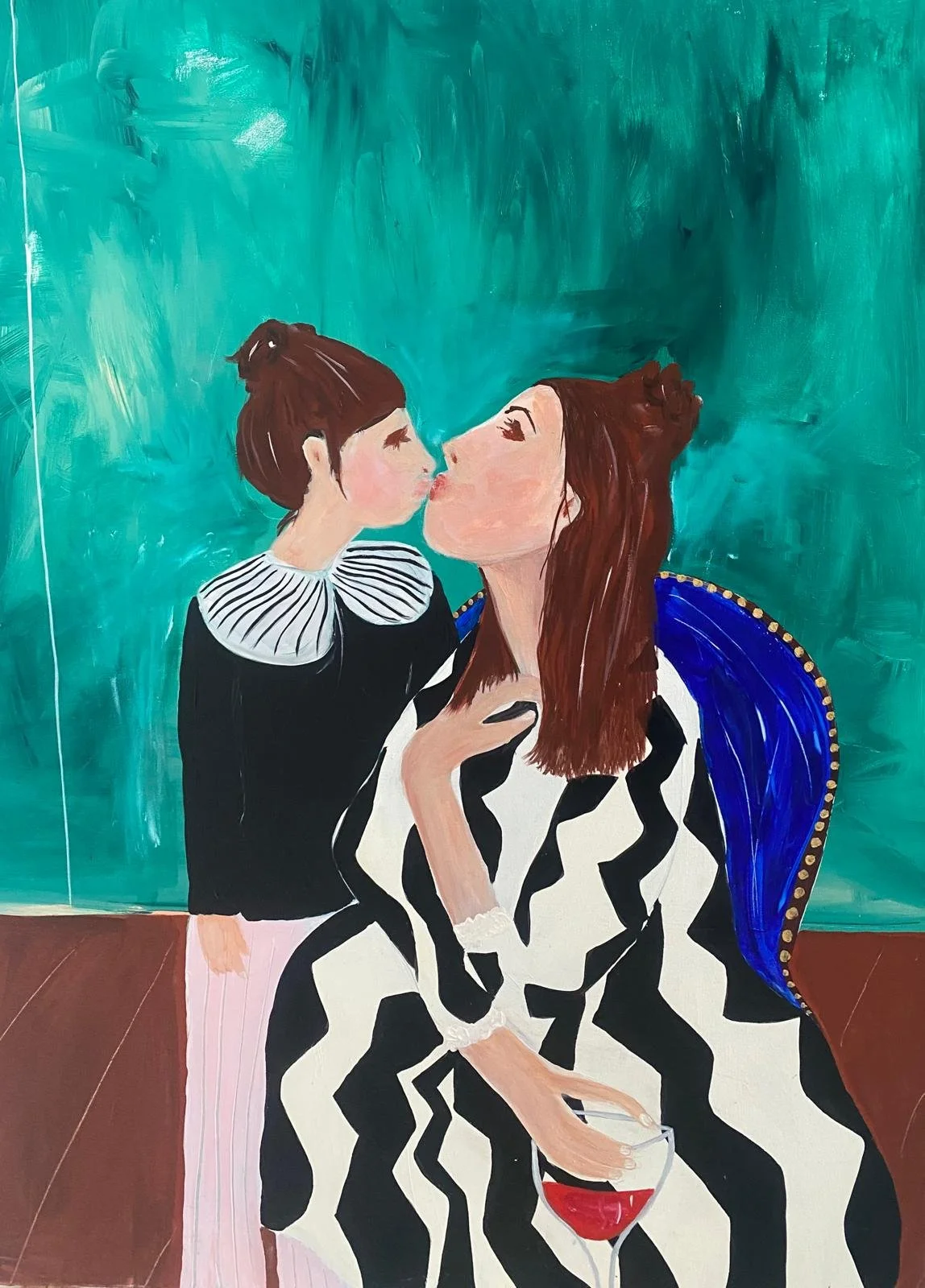 Painting of a woman and a young girl sharing a kiss, with the woman holding a glass of red wine.