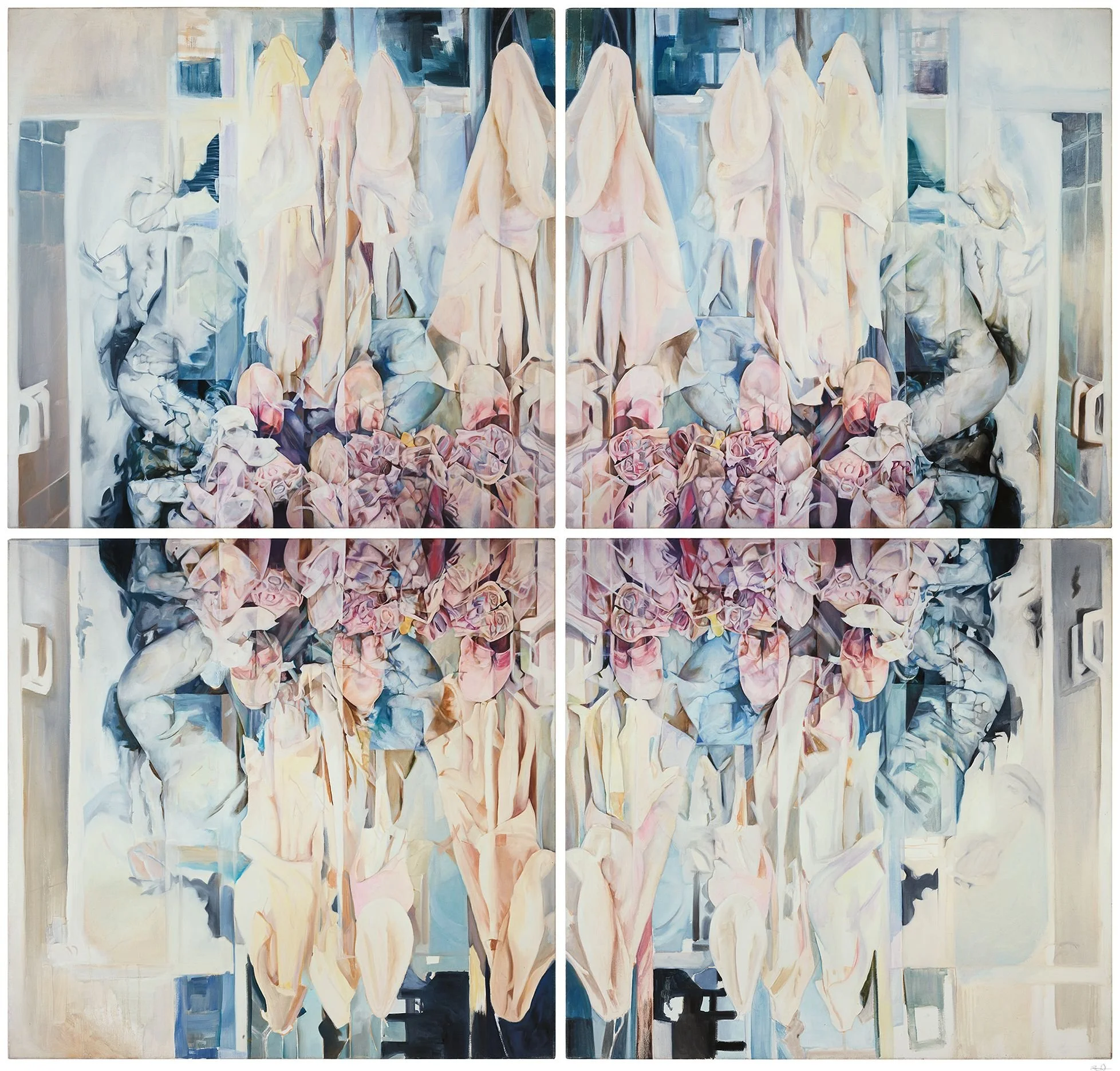 A large, abstract painting with a symmetrical, multi-panel design featuring figures and floral elements in pastel colors.