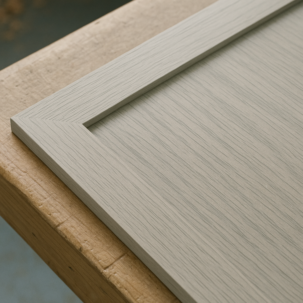 Close-up of a painted wooden door or cabinet with a textured, light gray finish, resting on a natural wood surface.