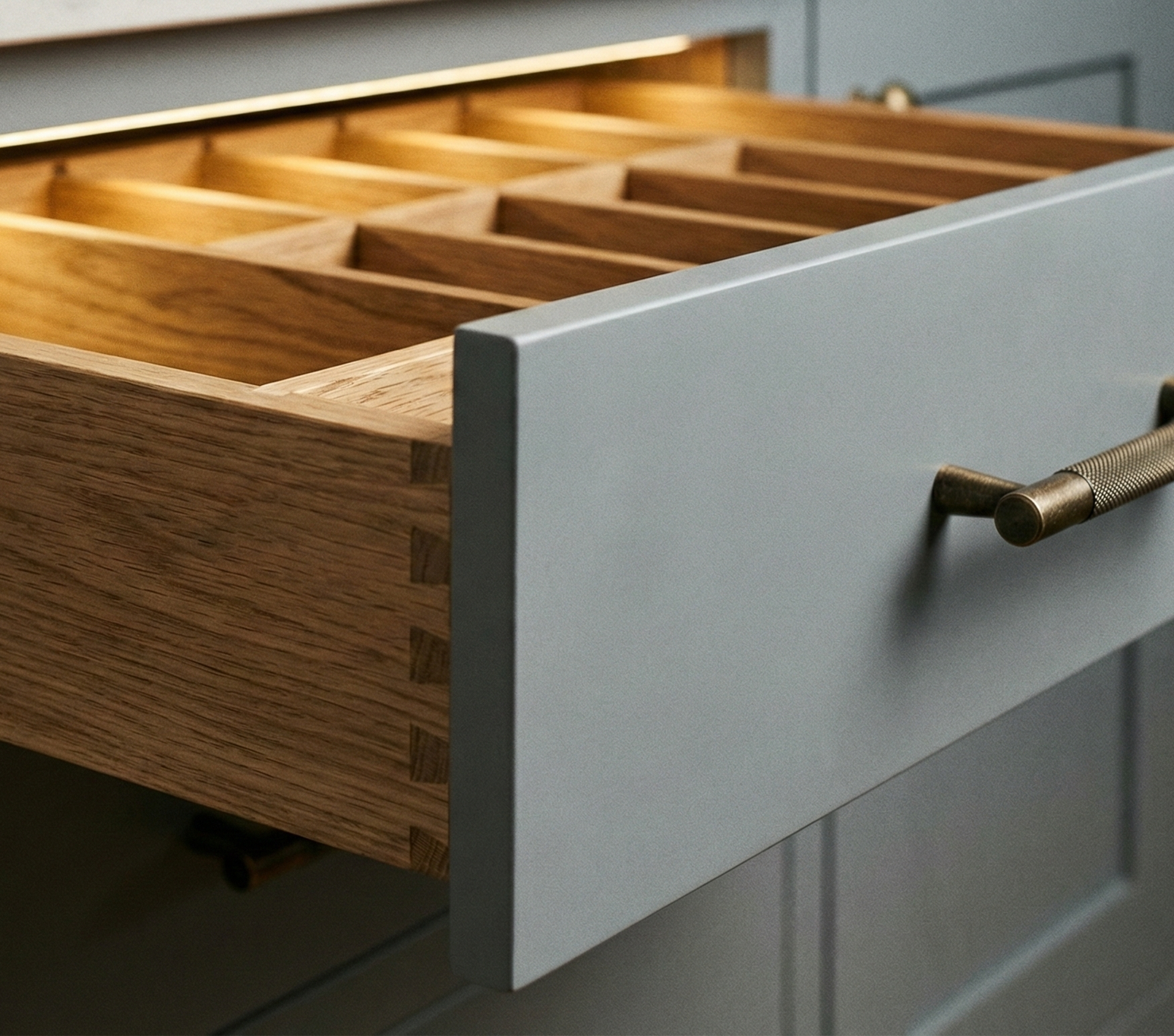 Partially opened drawer with wooden dividers and a grey front panel, mounted on a metallic structure.