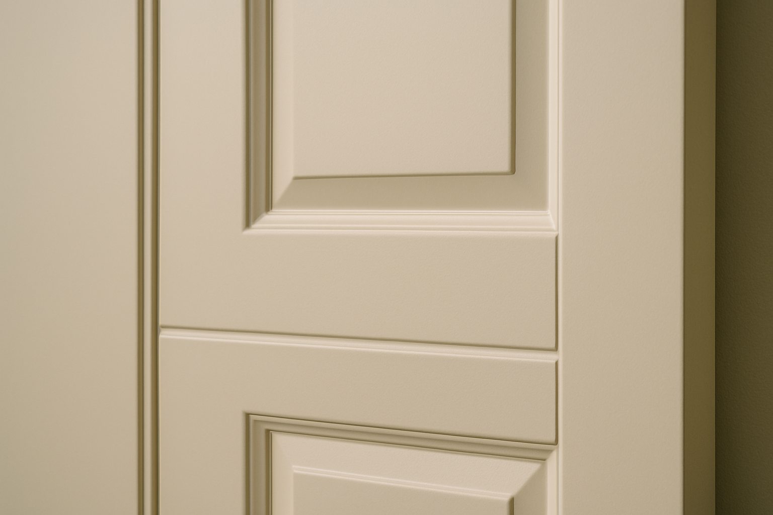 Close-up of a white kitchen cabinet door with decorative molding.