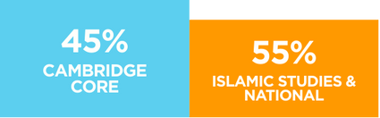 Pie chart showing 45% for Cambridge Core and 55% for Islamic Studies & National.