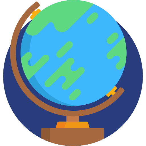 Illustration of a globe depicting Earth with landmasses and water, mounted on a stand.