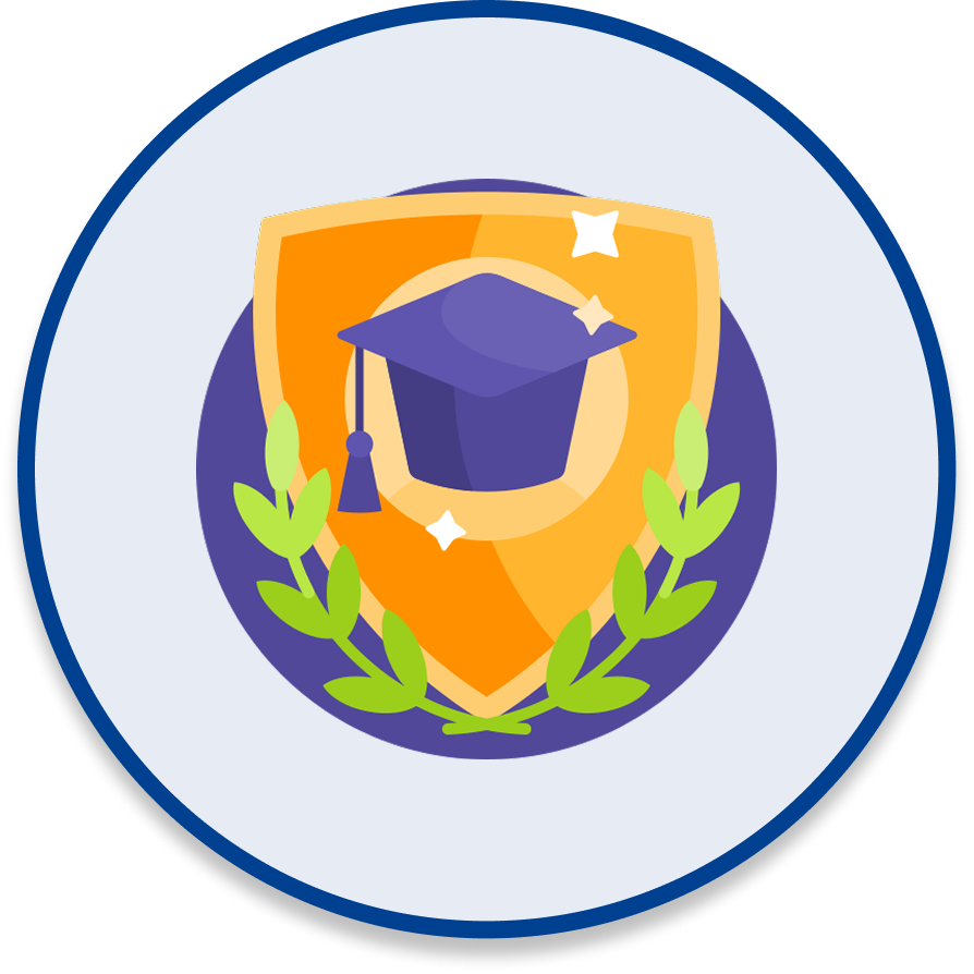 Digital illustration of an emblem with a shield, a graduation cap, and laurel branches.