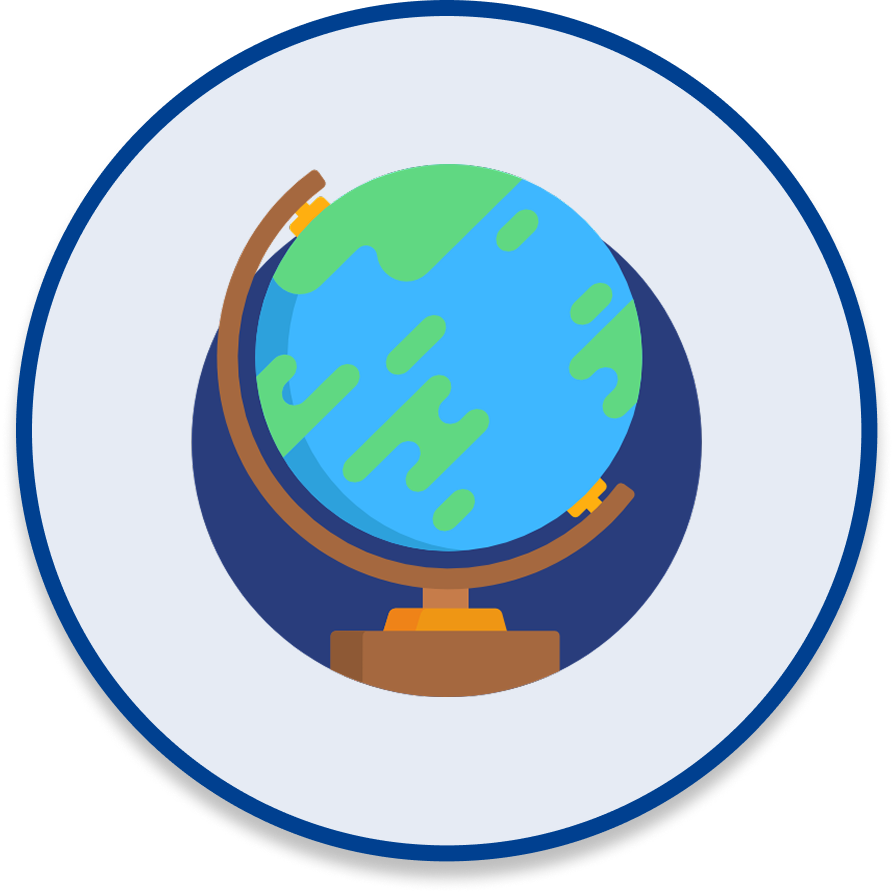Illustration of a globe on a stand, showing Earth's continents and oceans, set against a dark blue circular background.