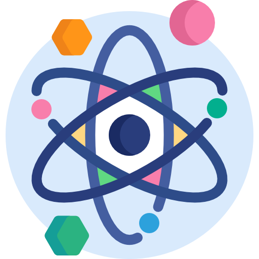 Simple illustration of an atom with orbiting electrons and colorful geometric shapes representing protons, neutrons, or electrons.