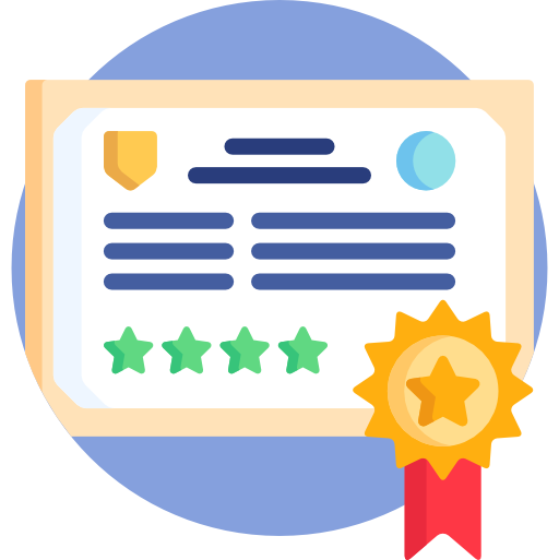 Digital certificate with a gold medal badge and a red ribbon, featuring a star, five green stars rating, and various certificate icons on top.