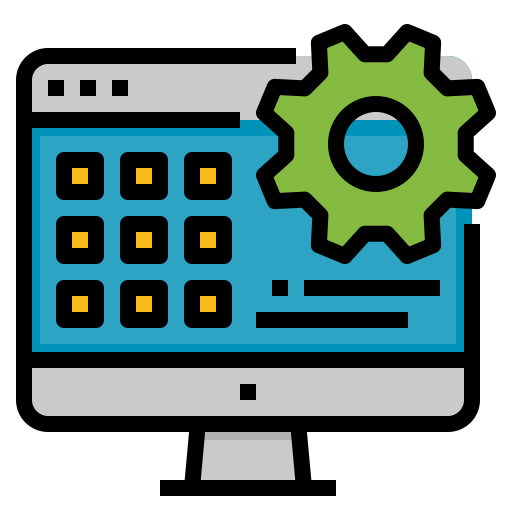 Computer screen with grid of squares and a green gear icon