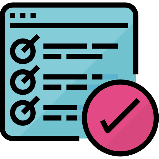 Icon of a checklist with checkmarks and a pink circle with a checkmark, representing task completion or verification.