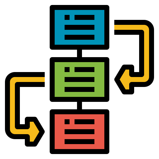 Flowchart illustrating a process with three colored blocks (blue, green, and red) connected by arrows indicating sequence and decision points.