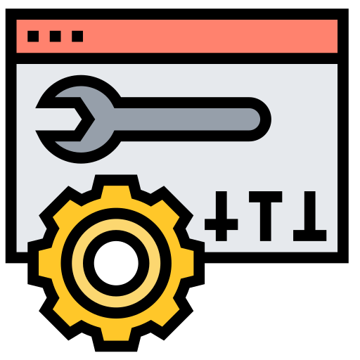 Icon of a computer interface showing a wrench, a gear, and code symbols, representing settings or development tools.