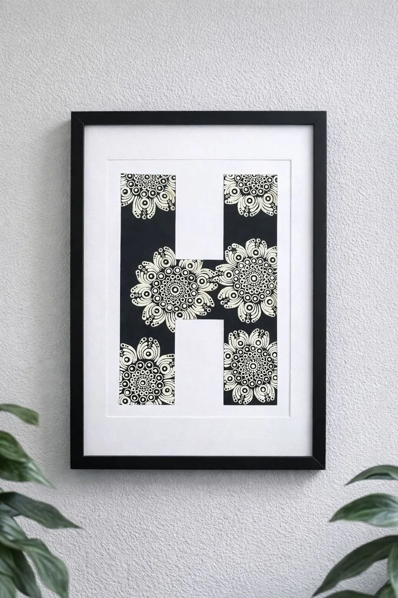 A4 Mandala Initial Letter - H (Black and White)