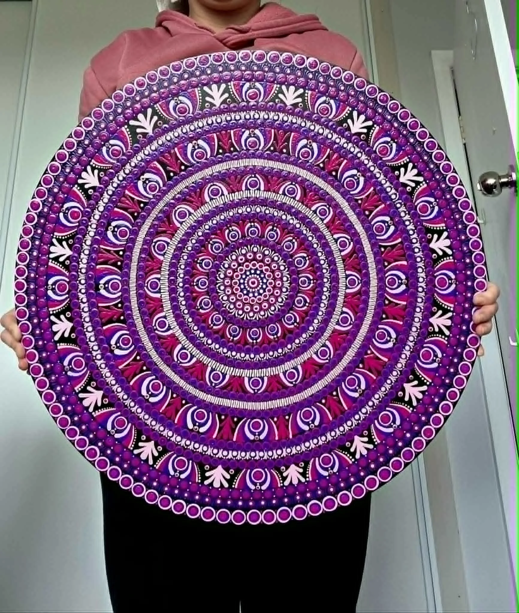 Round Hand Painted Pink and Purple Mandala Wooden Wall Art 60cm WIDE