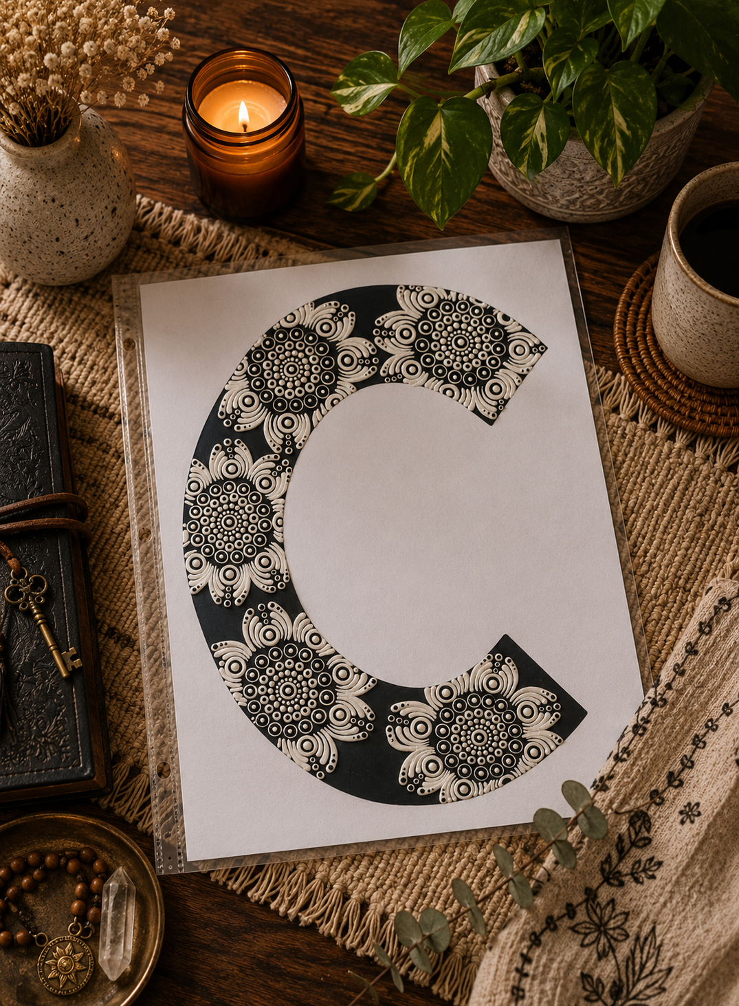 A4 Mandala Initial Letter - C (Black and White)