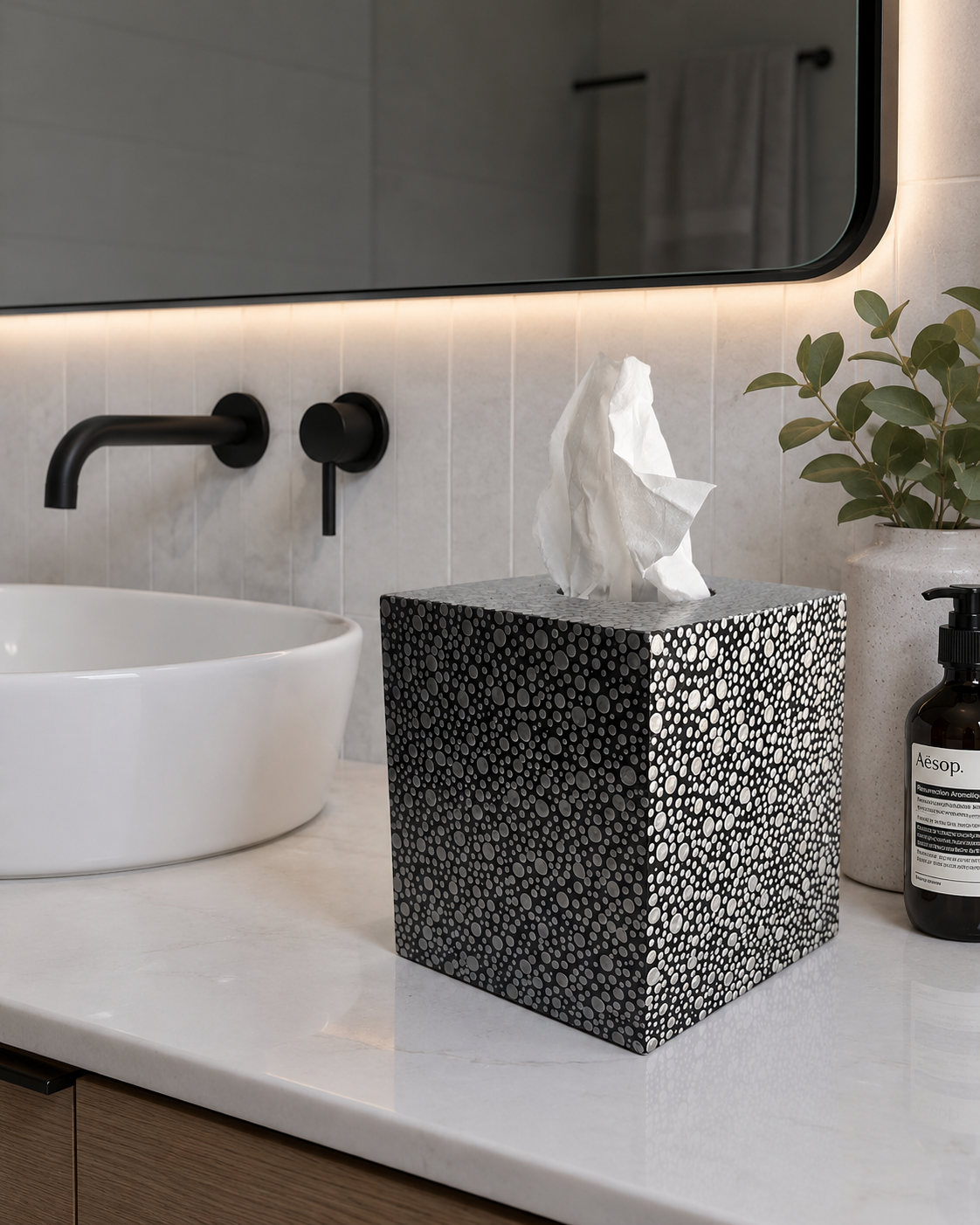 Polka Dot Bamboo Tissue Box Cover - Square, Metallic Silver - ONLY ONE AVAILABLE