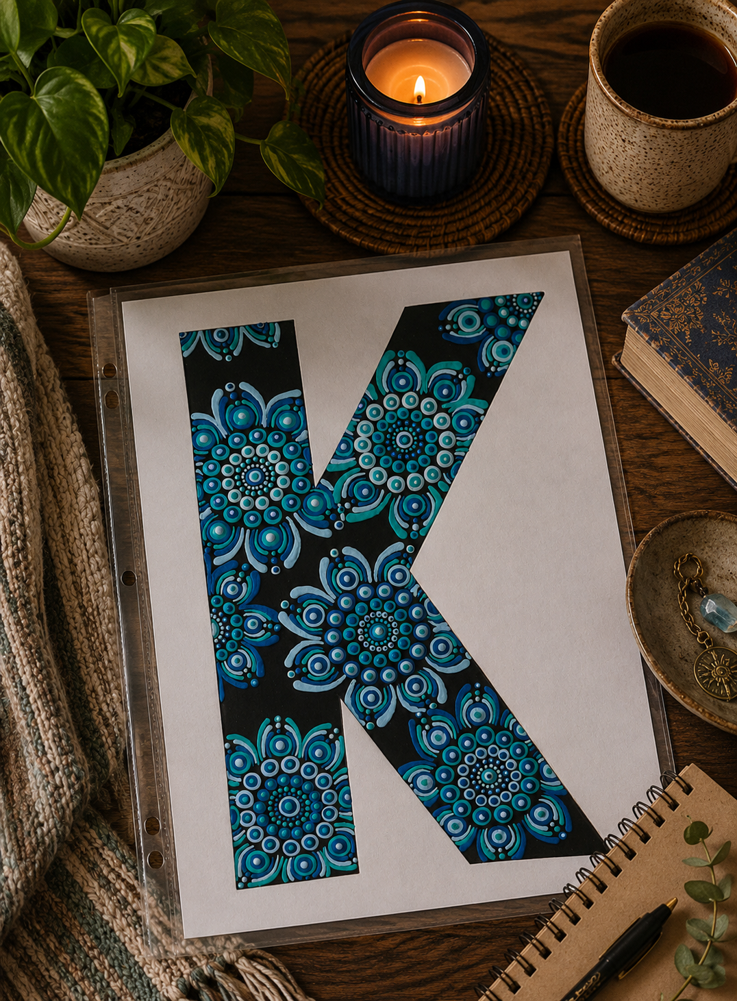 A4 Mandala Initial Letter - K  - One Of A Kind Artwork