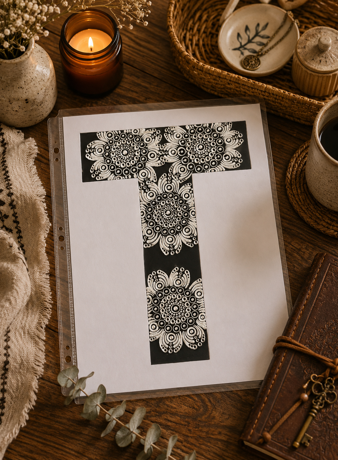 A4 Mandala Initial Letter - T (Black and White)  - One Of A Kind Artwork