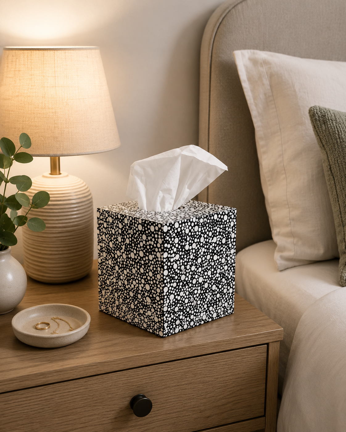 Polka Dot Bamboo Tissue Box Cover - Square, White - ONLY ONE AVAILABLE