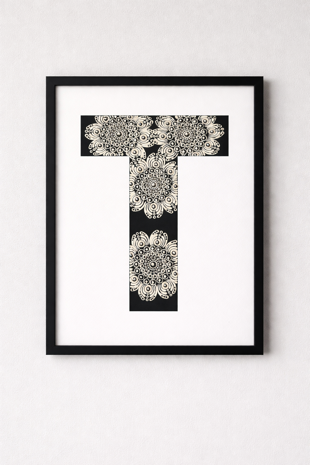 A4 Mandala Initial Letter - T (Black and White)