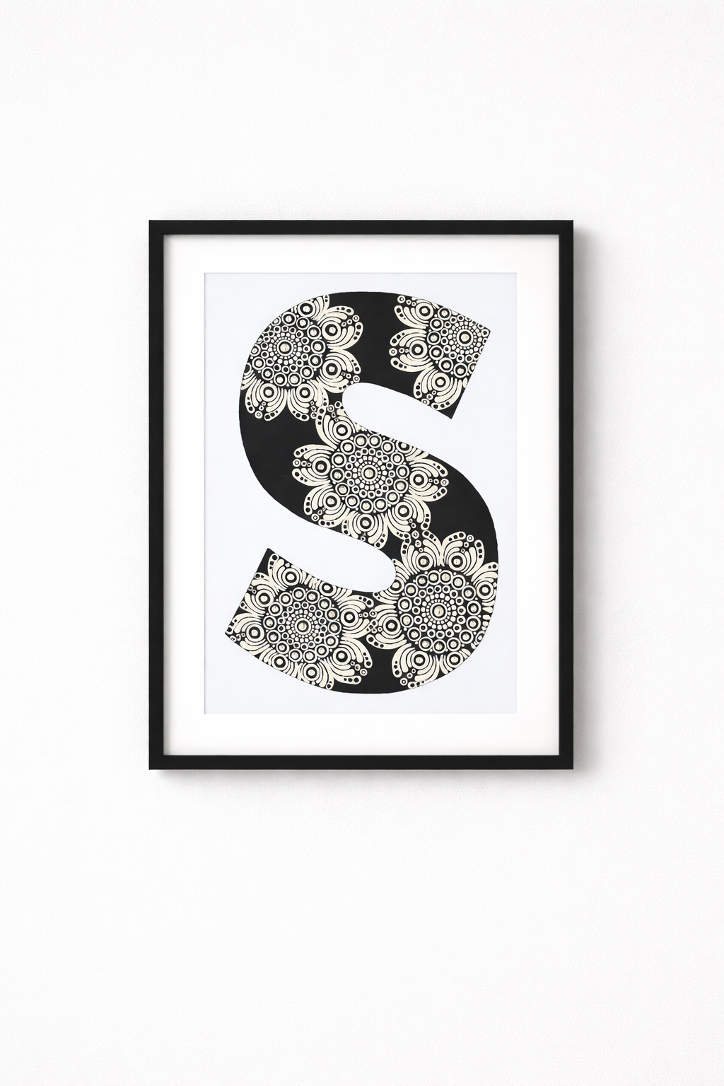 A4 Mandala Initial Letter - S (Black and White)