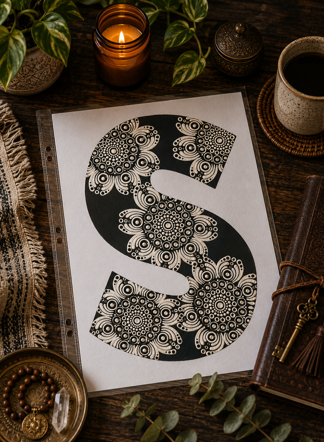 A4 Mandala Initial Letter - S (Black and White)  - One Of A Kind Artwork
